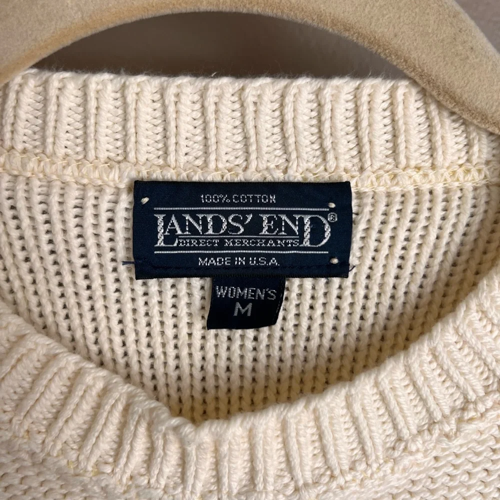 Lands' End Cream Cable Knit Short Sleeve Cotton Sweater - Picture 3 of 5